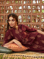 Sangria Women Maroon & Golden Pure Cotton Printed Kurta with Palazzos | Grocsy