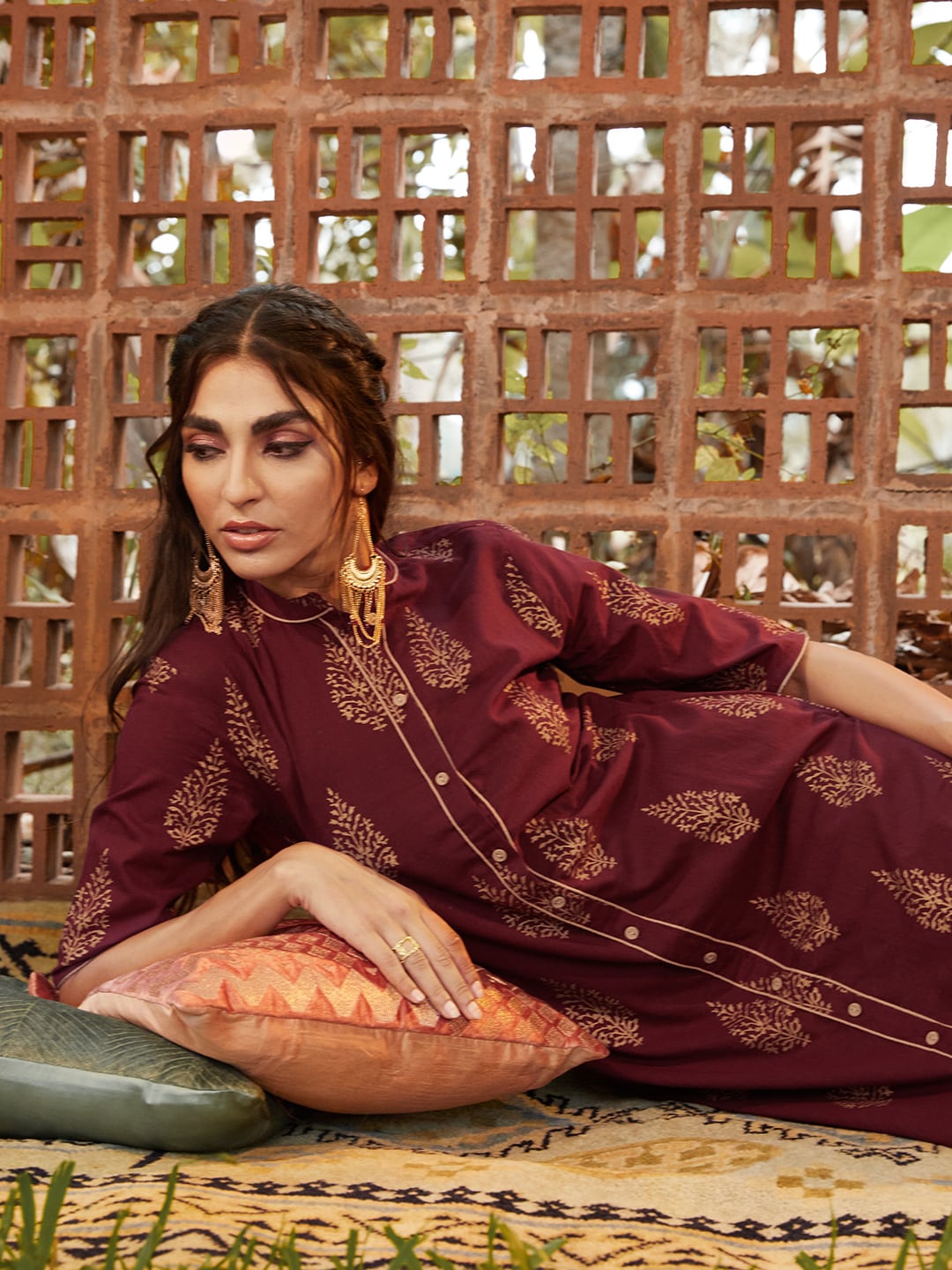 Sangria Women Maroon & Golden Pure Cotton Printed Kurta with Palazzos | Grocsy