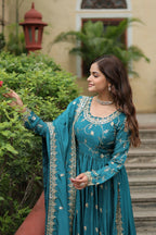 Joban Fashion Blue Chinon Sequence Embroidery Work Kurta Set | Grocsy