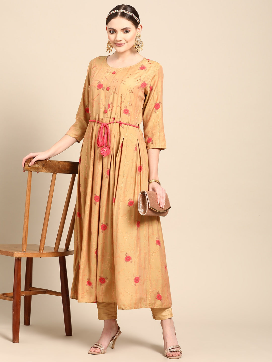 Sangria Women Mustard Yellow & Pink Ethnic Motifs Embroidered Mirror Work Anarkali Kurta | Grocsy