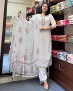 The52 White Women's Gorgeous Georgette Butti Fabric Embroidered Work Straight Kurta Pant and Dupatta Set | Grocsy