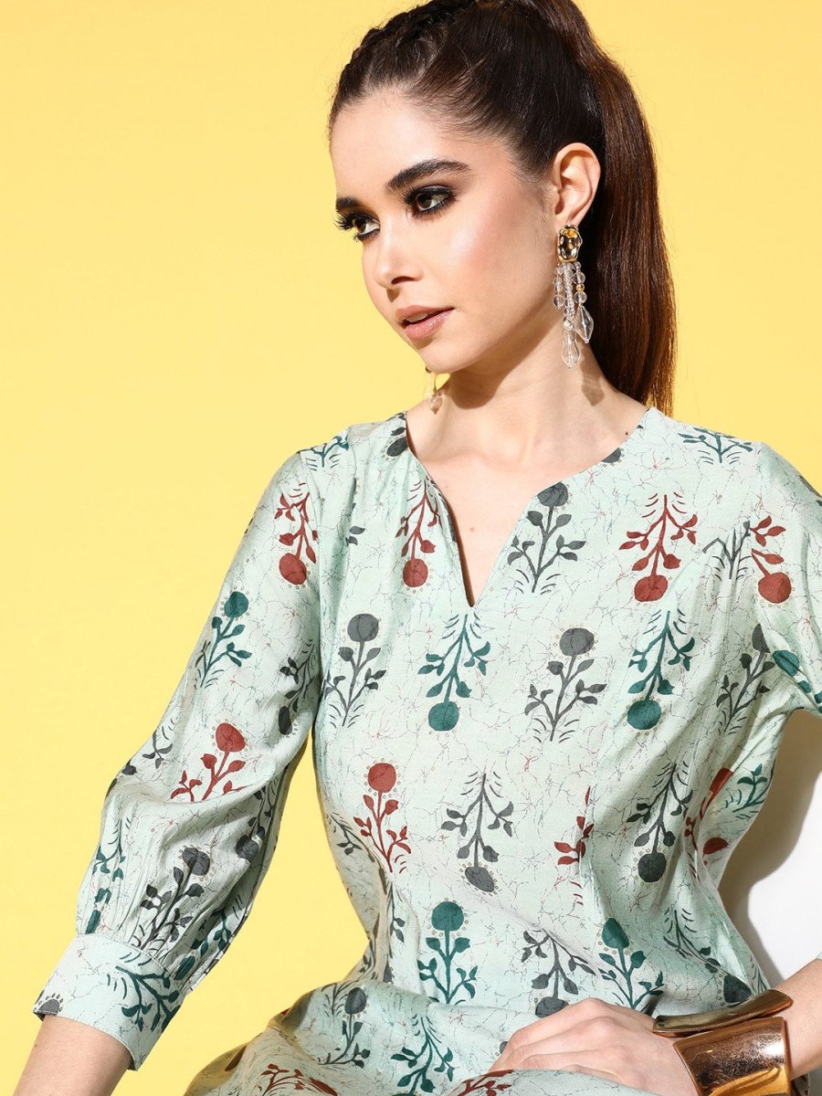 All About You Women Calm Green Ethnic Motifs Print Parade Kurta with Trousers | Grocsy
