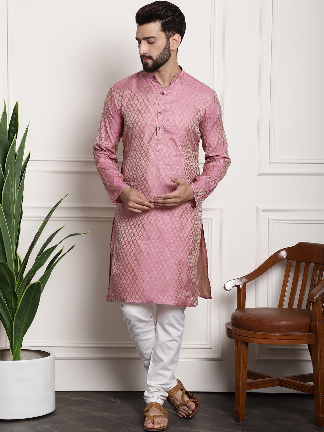 Sojanya Men Pink & Off-White Woven Design Kurta with Churidar | Grocsy