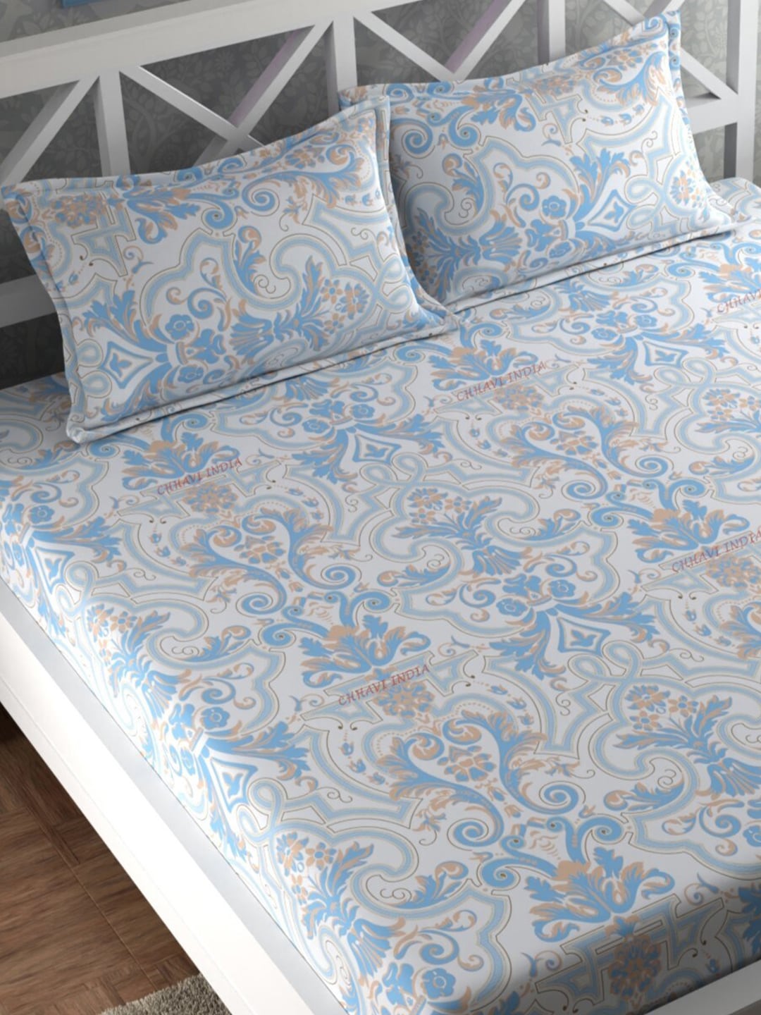 CHHAVI INDIA Blue & White Ethnic Motifs 210 TC King Bedsheet with 2 Pillow Covers | Grocsy