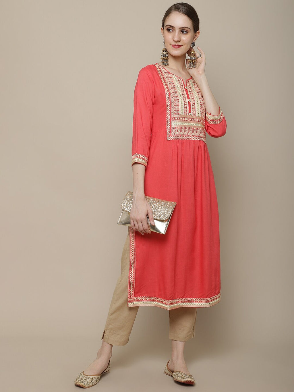 Sangria Women Coral Ethnic Motifs Yoke Design Kurta | Grocsy