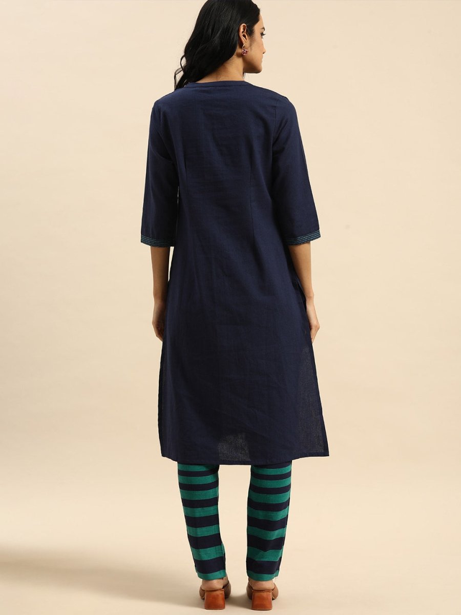 All About You Women Blue & Green Pure Cotton Kurta with Trousers | Grocsy
