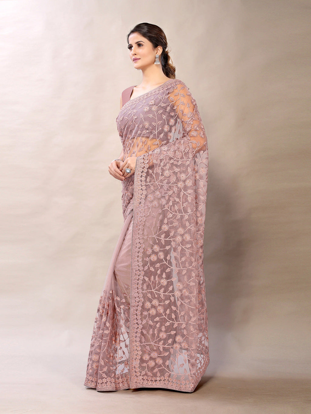 Sangria Pink Floral Net Embroidered Heavy Work Saree | Grocsy