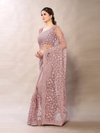 Sangria Pink Floral Net Embroidered Heavy Work Saree | Grocsy