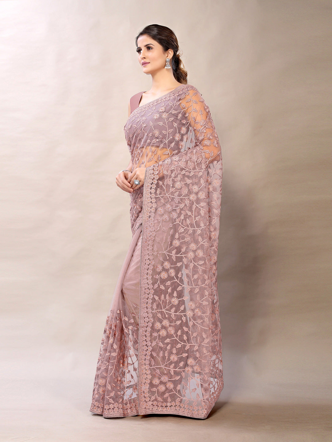Sangria Pink Floral Net Embroidered Heavy Work Saree | Grocsy