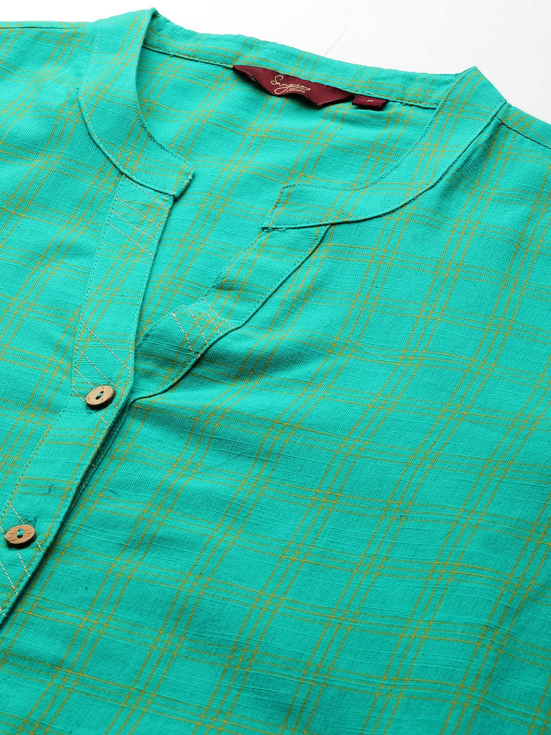 Sangria Checked Mandarin Collar Pure Cotton Kurta | Grocsy