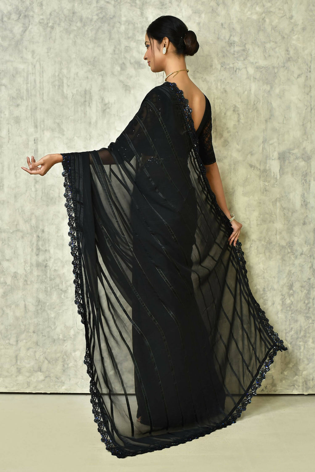Black Silk Stripe Saree With Blouse Piece - Purvi | Grocsy
