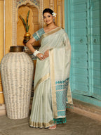 Shree Shyam Fashion Rama Green Linen Saree | Grocsy