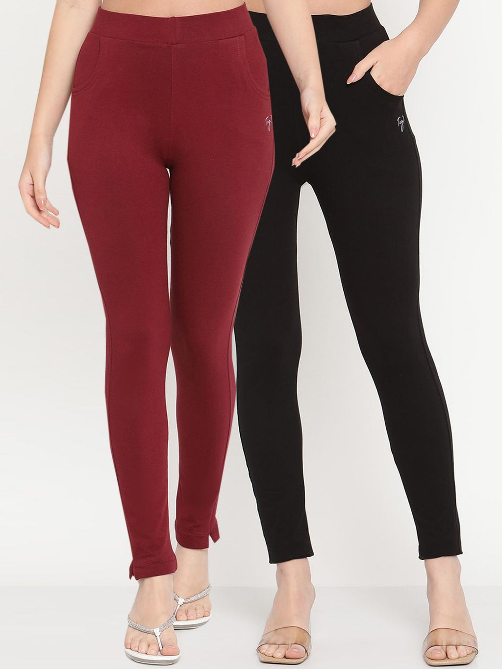 TAG 7 Set Of 2 Maroon & Black Solid Leggings | Grocsy