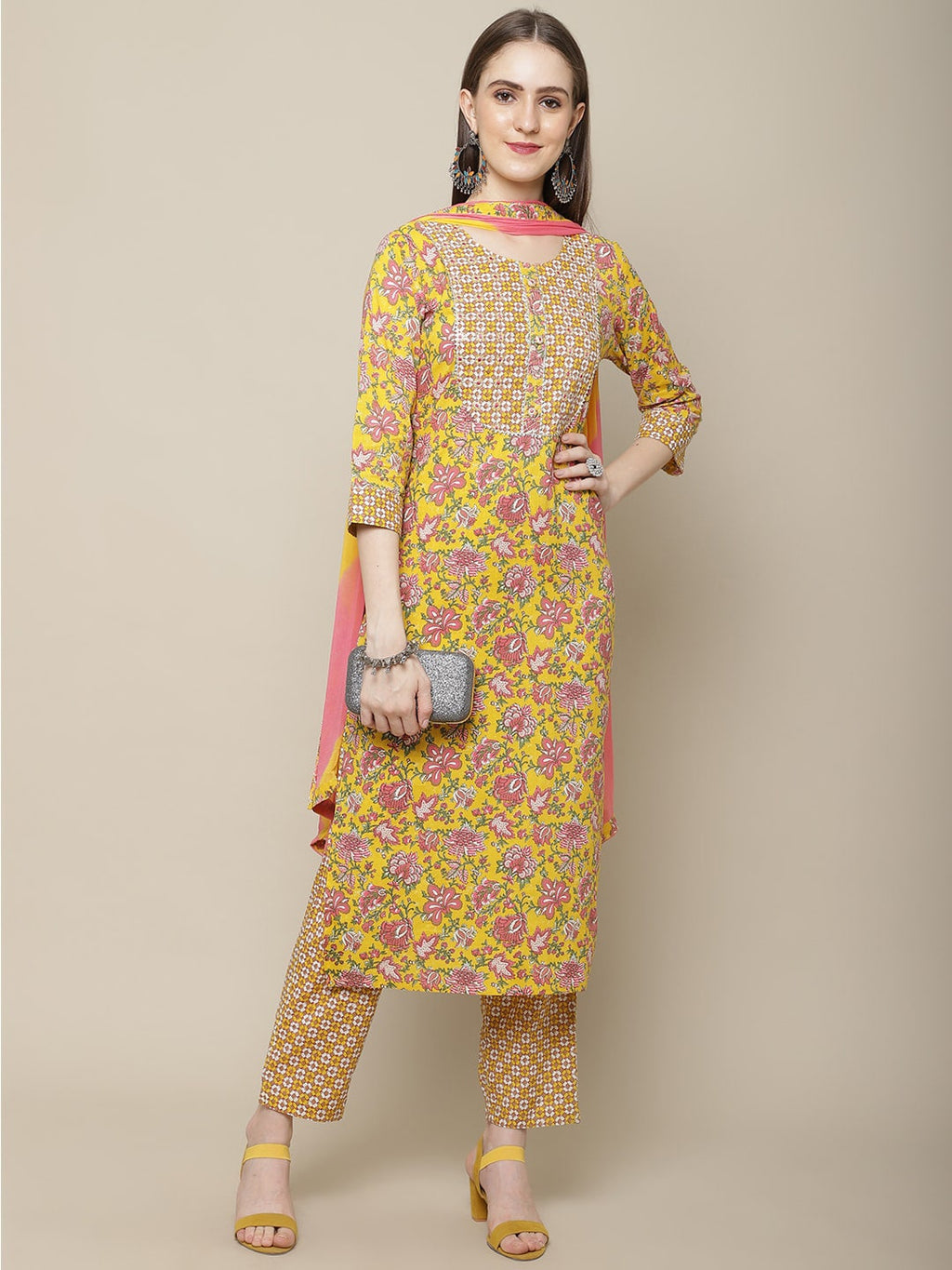 Sangria Women Yellow Printed Gotta Patti Pure Cotton Kurta with Trousers & Dupatta | Grocsy