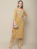 Sangria Women Yellow Printed Gotta Patti Pure Cotton Kurta with Trousers & Dupatta | Grocsy