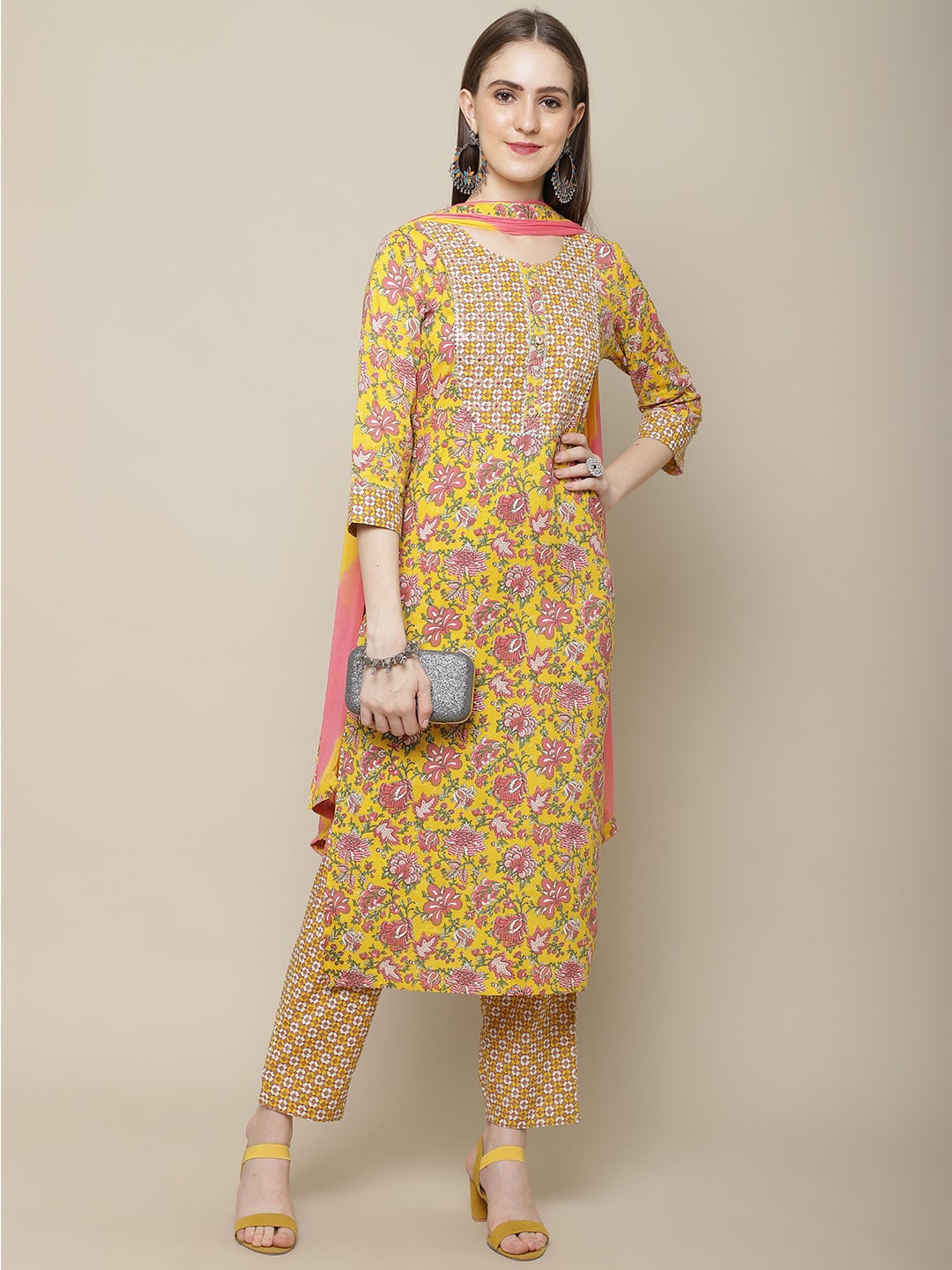 Sangria Women Yellow Printed Gotta Patti Pure Cotton Kurta with Trousers & Dupatta | Grocsy