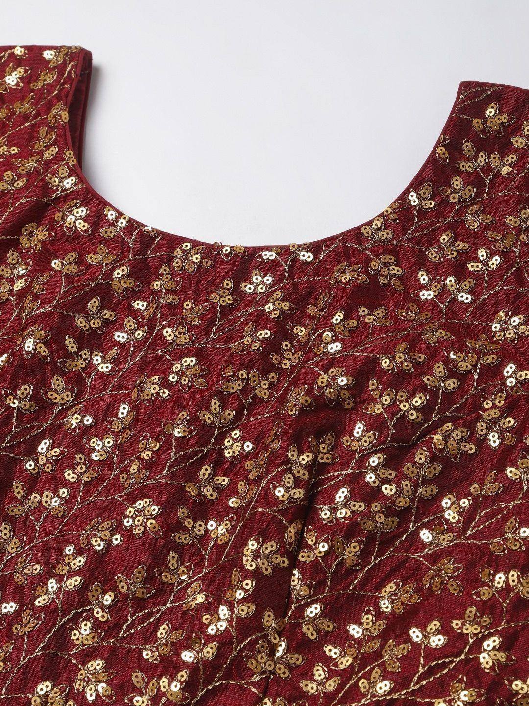 Tulsi Art Maroon & Golden Semi-Stitched Myntra Bridal Lehenga & Unstitched Blouse With Dupatta | Grocsy