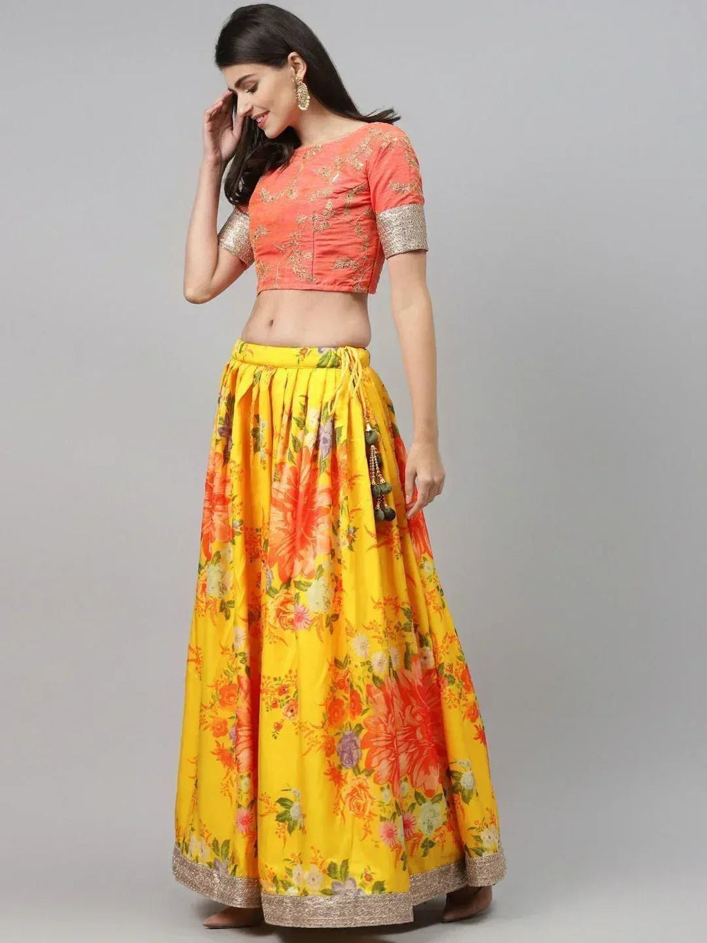 Tulsi Art Yellow & Orange Embroidered Semi-Stitched Myntra Lehenga & Unstitched Blouse With Dupatta | Grocsy