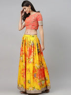 Tulsi Art Yellow & Orange Embroidered Semi-Stitched Myntra Lehenga & Unstitched Blouse With Dupatta | Grocsy