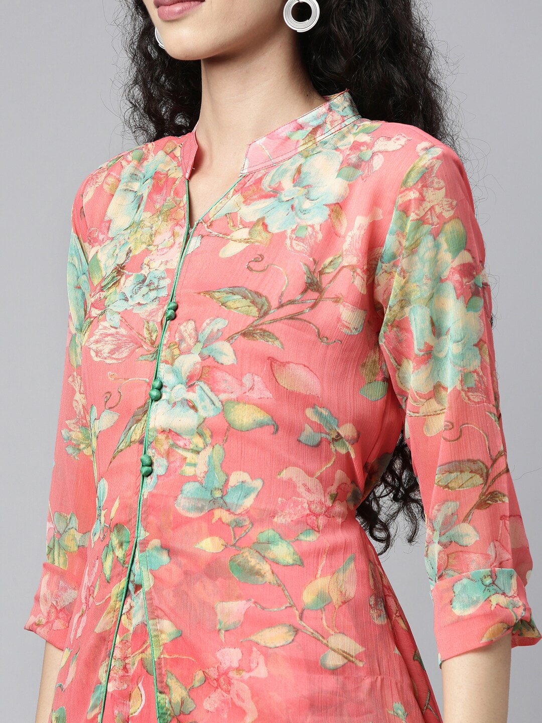 Souchii Pink & Green Floral Layered A-Line Midi Dress | Grocsy