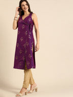 All About You Women Purple Ethnic Motifs Foil Printed Angrakha Kurta Set | Grocsy