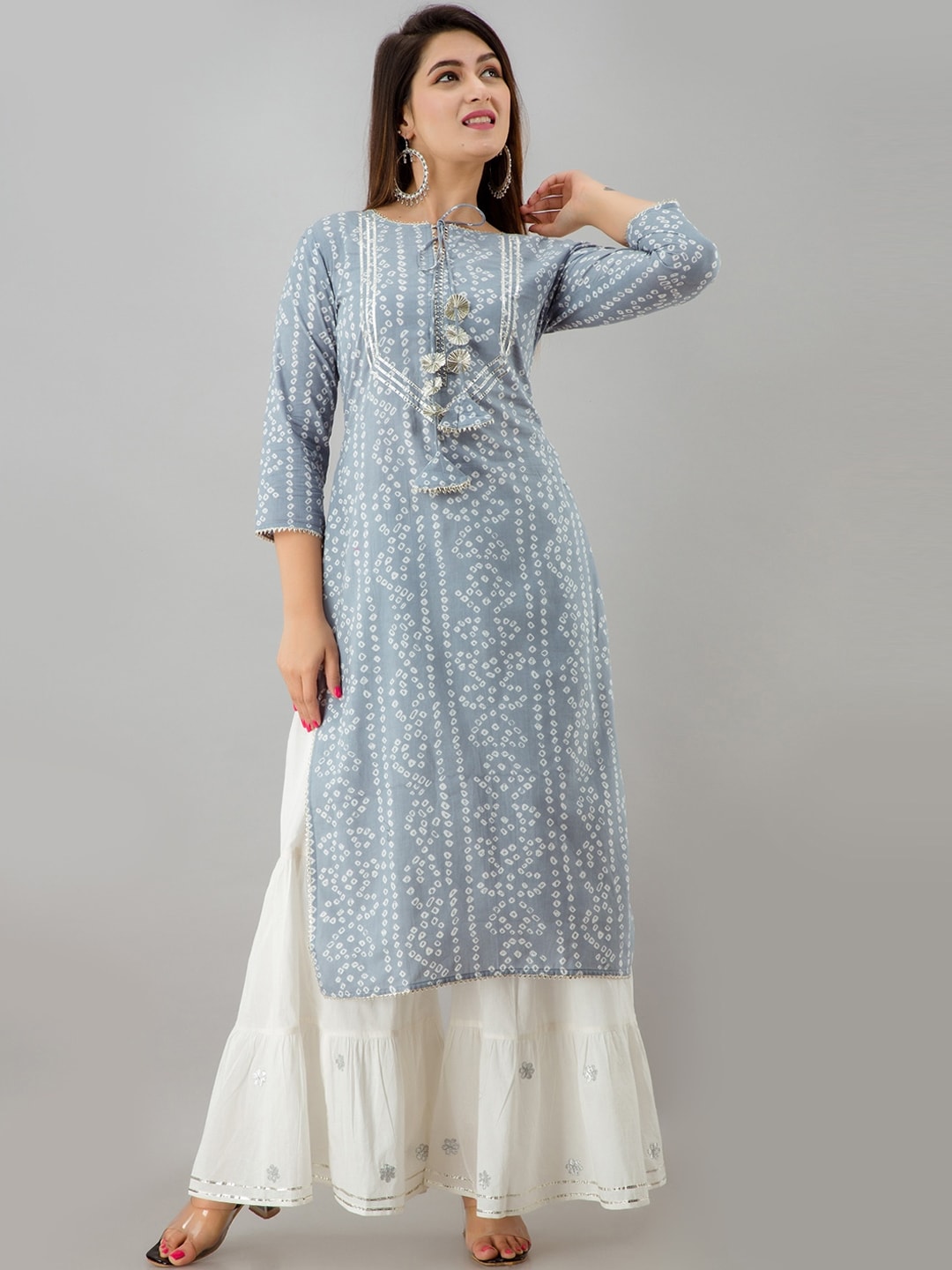 HERE&NOW Grey Bandhani Printed Gotta Patti Kurta with Sharara | Grocsy