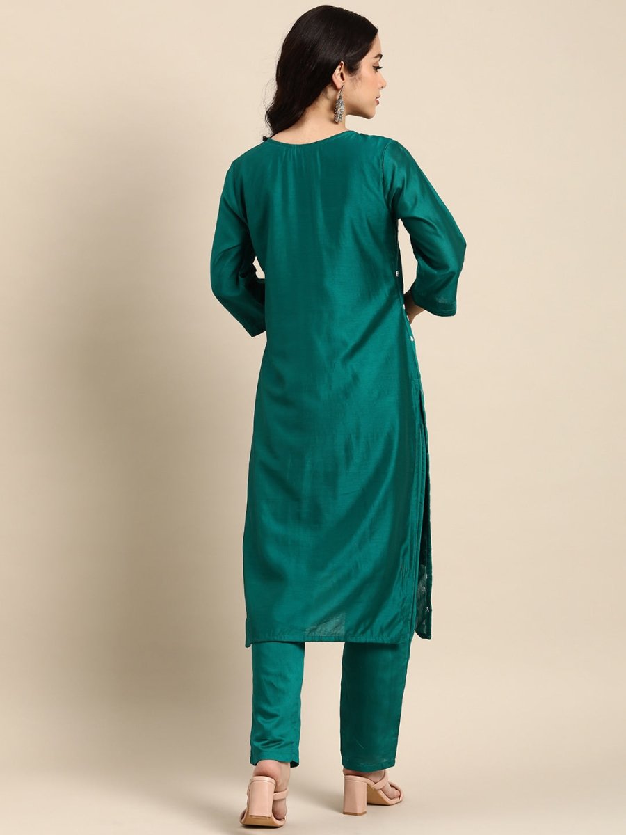 All About You Ethnic Motifs Embroidered Panelled Thread Work Chanderi Silk Kurta Set | Grocsy