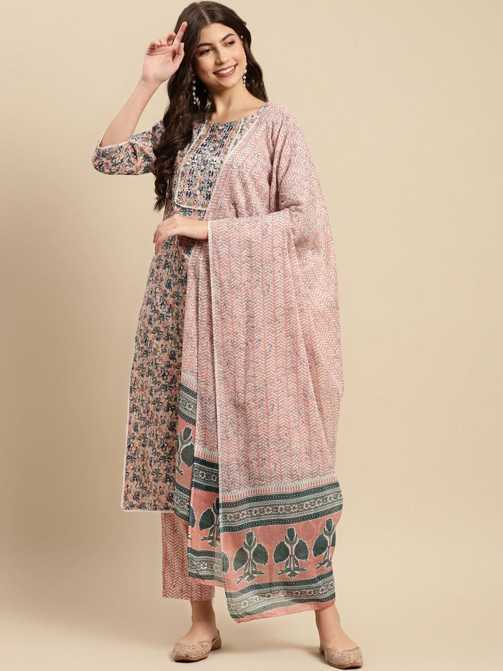 Sangria Peach & Blue Floral-Printed Pure-Cotton Straight Kurta With Trouser & Dupatta | Grocsy