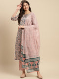 Sangria Peach & Blue Floral-Printed Pure-Cotton Straight Kurta With Trouser & Dupatta | Grocsy