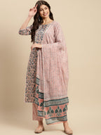 Sangria Peach & Blue Floral-Printed Pure-Cotton Straight Kurta With Trouser & Dupatta | Grocsy