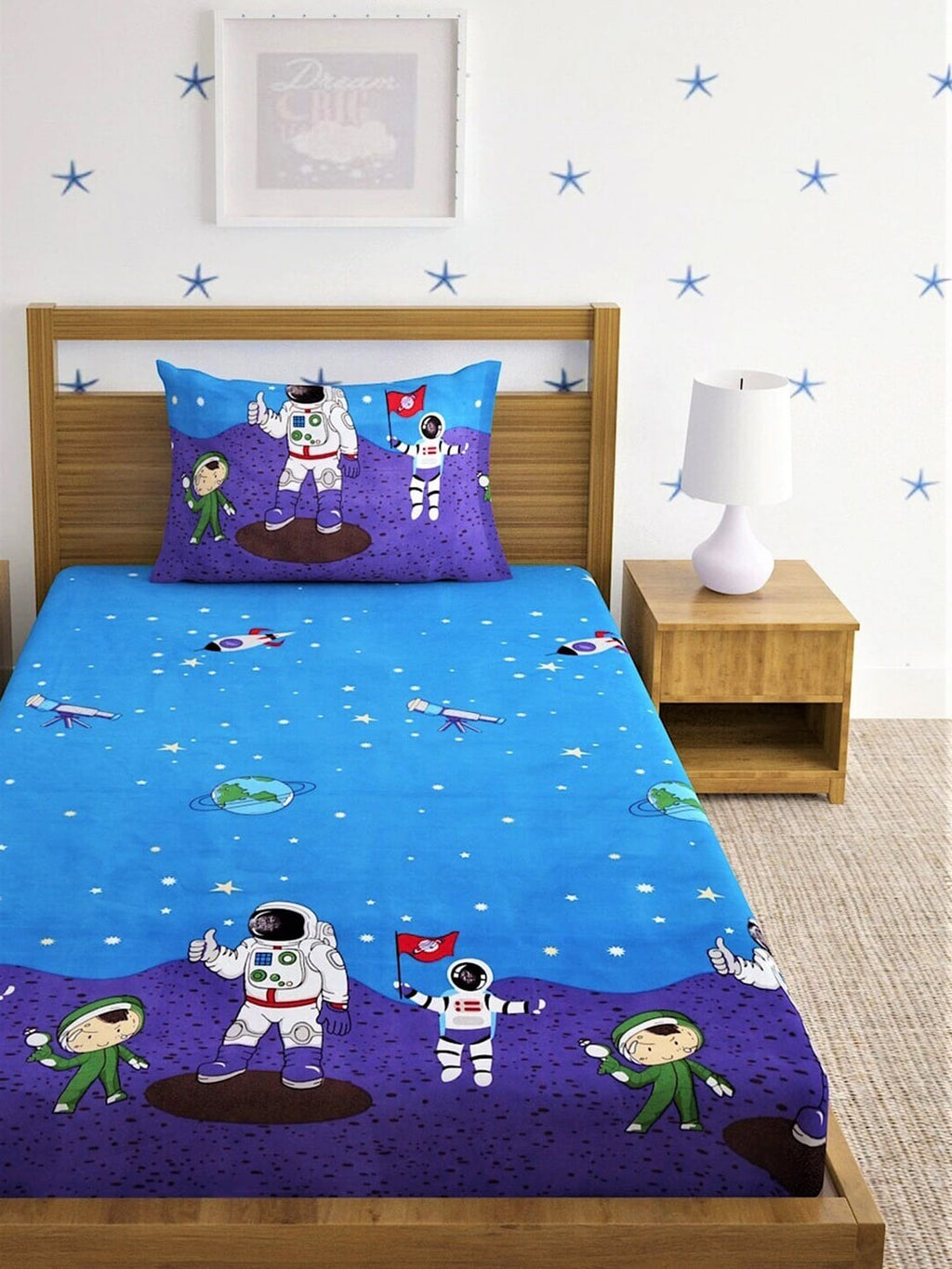 Home Sizzler Blue & White Cartoon Characters 210 TC Single Bedsheet with 1 Pillow Covers | Grocsy