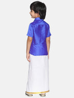 Sethukrishna Boys Blue & White Solid Shirt with Veshti Set | Grocsy
