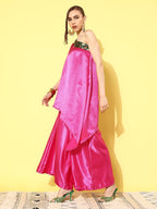 InWeave Women's Pink Green Brocade Satin Oneshoulder Kurta Set | Grocsy