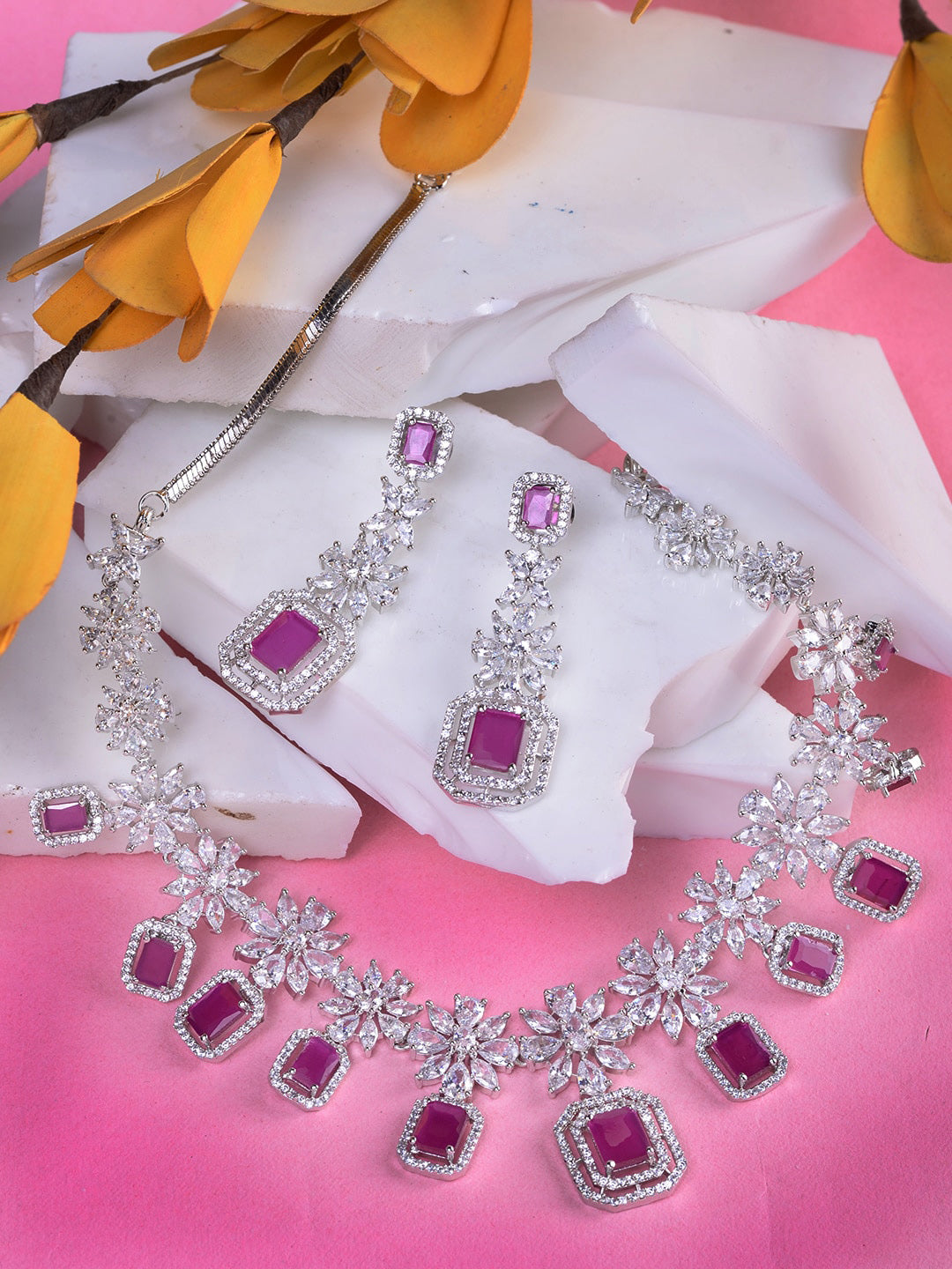 Saraf RS Jewellery Rhodium-Plated Pink AD studded Jewellery Set | Grocsy