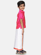 Sethukrishna Pink & White Solid Shirt with Veshti Set For Boys | Grocsy