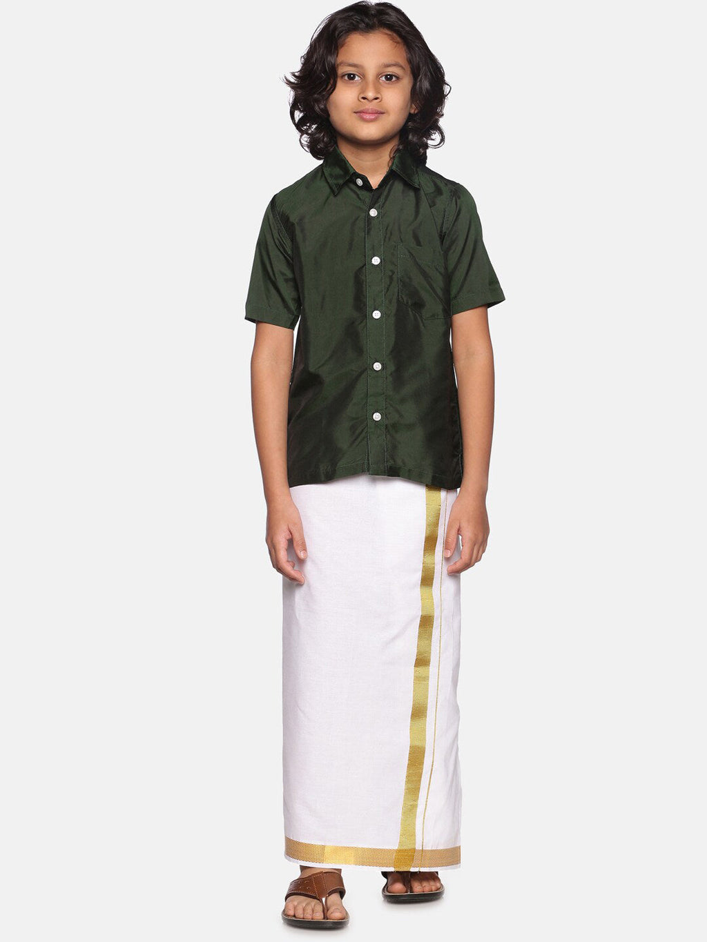 Sethukrishna Boys Green & White Solid Shirt with Dhoti Set | Grocsy