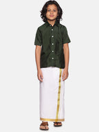 Sethukrishna Boys Green & White Solid Shirt with Dhoti Set | Grocsy