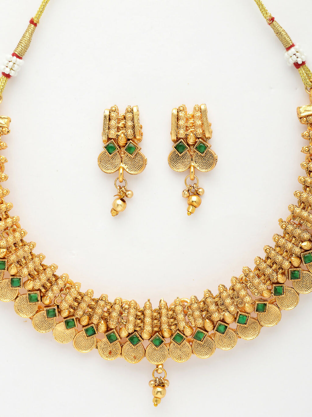 NVR Women's Gold-Polished Green Stone Studded Handcrafted Temple Jewellery Set | Grocsy