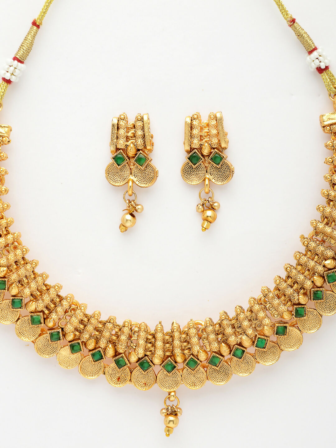NVR Women's Gold-Polished Green Stone Studded Handcrafted Temple Jewellery Set | Grocsy