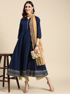 Sangria Women Navy Blue & Beige Embroidered Anarkali Kurta with Dupatta | Grocsy