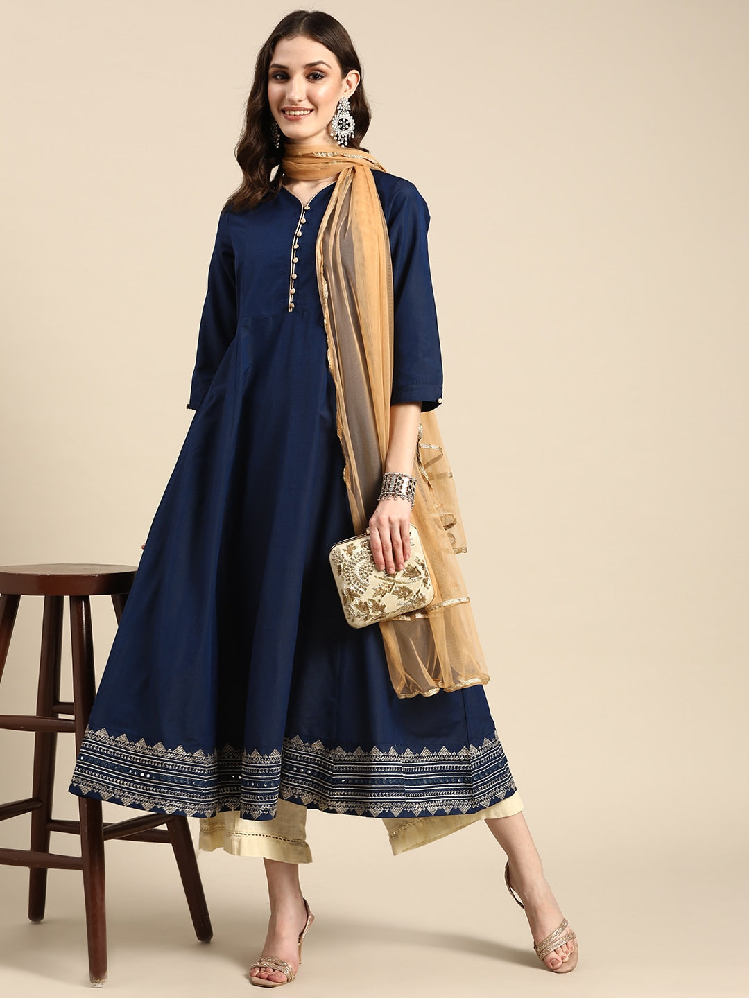 Sangria Women Navy Blue & Beige Embroidered Anarkali Kurta with Dupatta | Grocsy