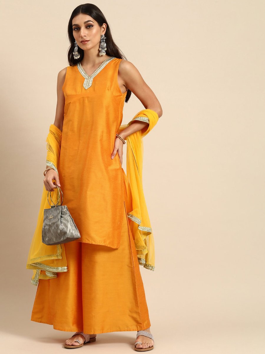 All About You Women Mustard Yellow Ethnic Motifs Embroidered Gotta Patti Kurta with Palazzos & With Dupatta | Grocsy