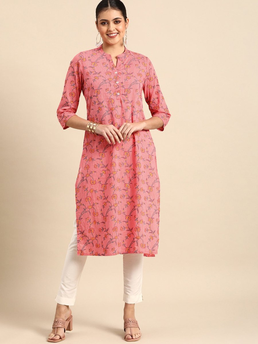 All About You Women Pink & Yellow Floral Printed Kurta | Grocsy