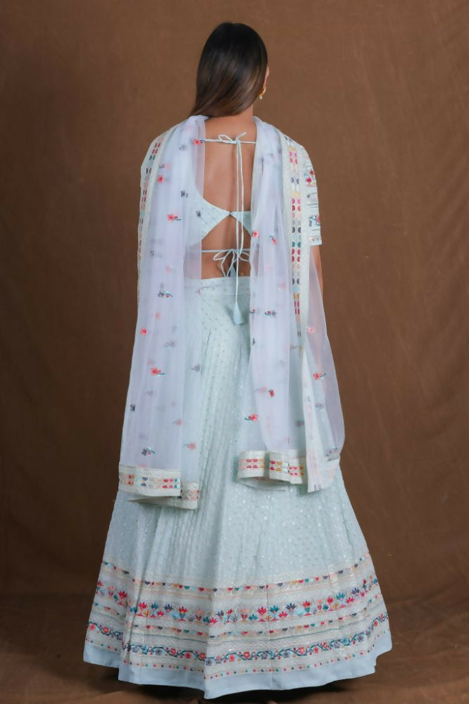 Skyblue Georgette Multicolor Thread Embroidery Work Lehenga Choli - Jihu Culture | Grocsy
