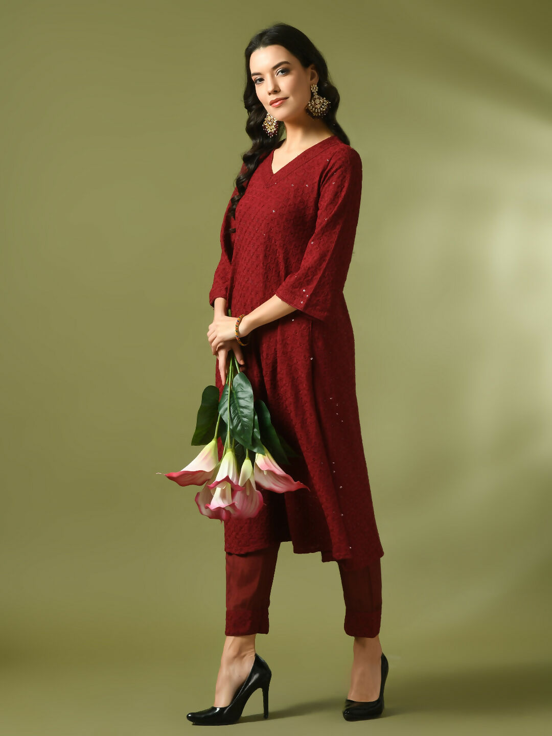 Myshka Women's Maroon Embroidered Cotton A-Line Party Kurta Set | Grocsy