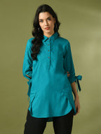 Myshka Women's Turquoise Blue Solid Cotton Longline Party Sheer Tunic | Grocsy