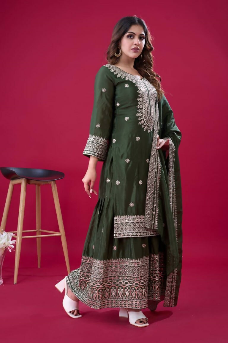 Teeya Creation Green Colour Chinnon Silk Heavy Embroidery Work Fully Stitched Salwar Suit | Grocsy
