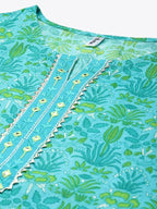 Yufta Green & White Ethnic Motifs Printed Mirror Work Kurta with Palazzo & Dupatta | Grocsy