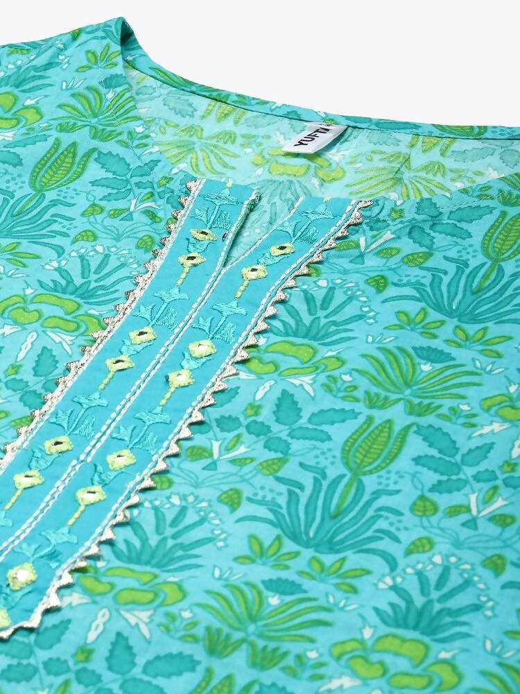 Yufta Green & White Ethnic Motifs Printed Mirror Work Kurta with Palazzo & Dupatta | Grocsy