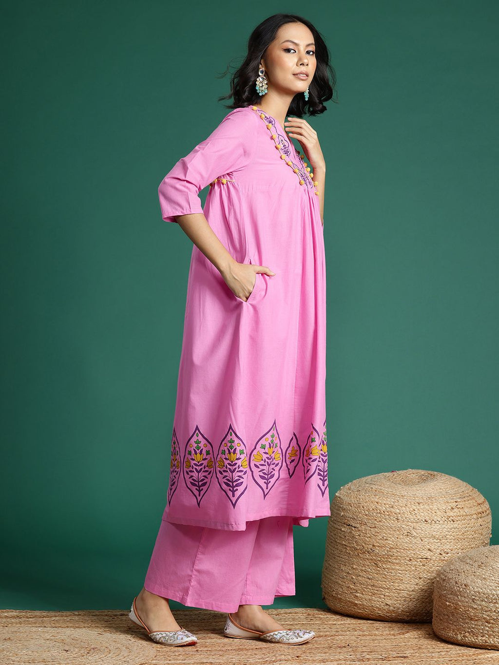 Sangria Ethnic Motifs Printed Embroidered Pure Cotton Kurta with Palazzos | Grocsy